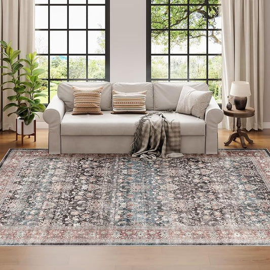 Dripex Vintage 5x7 Area Rugs - Large Washable Area Rug for Living Room Bedroom Oriental Medallion Floral Print Floor Carpet Low-Pile Indoor Soft Non-Slip Accent Rug Farmhouse Home Office Decor