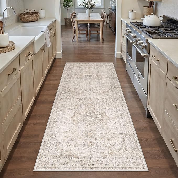HUGEAR 2x6 Runner Rug Hallway Vintage Beige Machine Washable Neutral Floral Low Pile Carpet Vacuumable Thin Long Throw Rug Bedroom Office Bathroom Kitchen Laundry Non Slip Soft Lightweight
