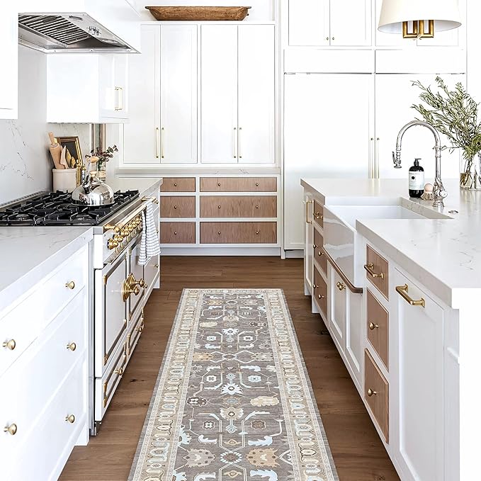 Fame Living Brown Oushak Runner Rug, Modern Runners, Vintage, Turkish, Eclectic, Floral, Pastel, Washable, Runner for Hallway, Kitchen, Bedroom, Bathroom, 2'5"x9'8"