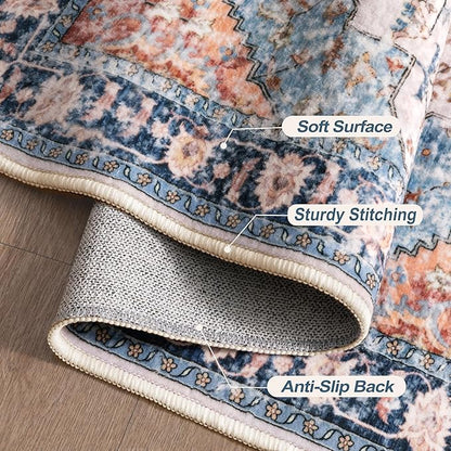 Tangsoo Vintage Rug 2x3 Washable Rug for Entryway, Non Slip Small, Indoor Front Door, Print Distressed Blue/Beige Door Mat Carpet, Soft Low Pile Rugs for Entrance Kitchen Bedroom Bathroom