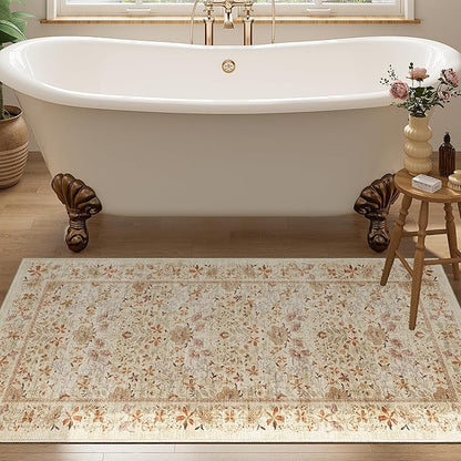 DUKINO 2x4 Rug for Entryway, Lightweight Washable Runner Rug with Non Slip Backing, Vintage Floral Low Pile Small Carpet Runner for Kitchen, Hallway, Entryway, Bathroom, Bedroom, Beige