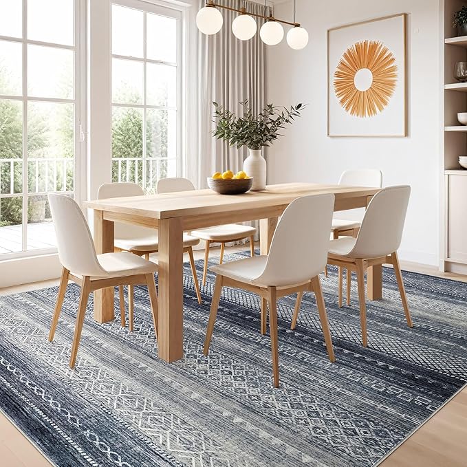 Nakagishi 12x15 Area Rug Living Room: Washable Boho Large Neutral Modern Soft Stain Resistant Farmhouse Indoor Floor Rug Non-Slip Carpet for Bedroom Nursery Kids Playroom Office Dining Room- Blue