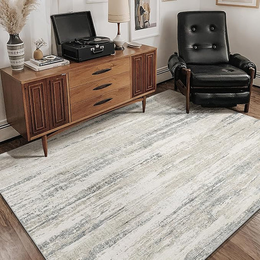 MUJOO Washable Rug 4x6.5,Modern Abstract Area Rugs for Bedroom Living Room Office Playroom,Small Non Slip Throw Carpet Indoor,Low Pile Accent Neutral Beige and Grey