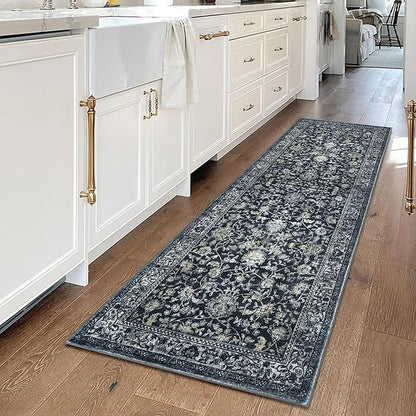 KILOCOCO Hallway Runner 2x6 Rug Runner Printed Vintage Floral Washable Kitchen Runners Non-slip Rubber Backed Runners for Hallways Laundry Room Distressed Boho Rugs for Entryway Bedroom, Navy/Charcoal