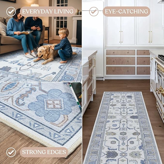 Fame Living Cream Blue Oushak Rug, Modern, Vintage, Turkish, Eclectic, Floral, Pastel, Washable, Area Rugs for Living Room, Dining, Bedroom, Office, Entryway, Foyer, Playroom, Nursery, 5'x6'9"