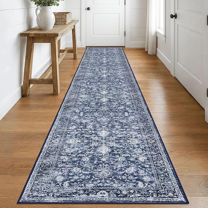 KILOCOCO Runner for Hallway 2.6x16 Runner Rug Printed Vintage Floral Washable Rug Kitchen Runners Soft Non-Slip Low Pile Hallway Runners Laundry Room Distressed Boho Rugs, Blue