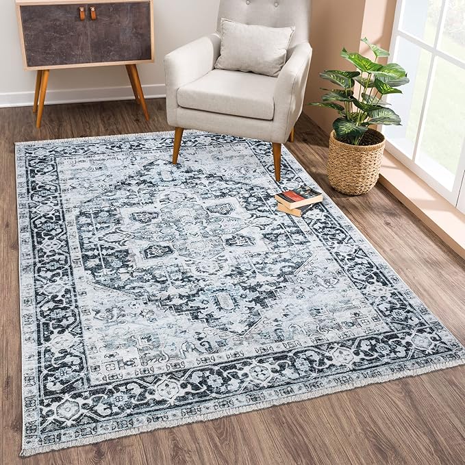 Bloom Rugs Caria Washable Non-Slip 6x9 Rug - Denim Blue Traditional Area Rug for Living Room, Bedroom, Dining Room, and Kitchen - Exact Size: 6' x 9'