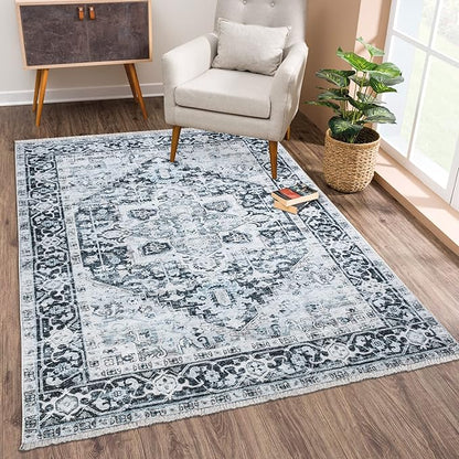 Bloom Rugs Caria Washable Non-Slip 4x6 Rug - Denim Blue Traditional Area Rug for Living Room, Bedroom, Dining Room, and Kitchen - Exact Size: 4' x 6'