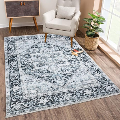 Bloom Rugs Washable Non-Slip 2x3 Rug - Denim Blue Traditional Oriental Area Rug for Living Room, Bedroom, Dining Room, and Kitchen - Exact Size: 2' x 3'