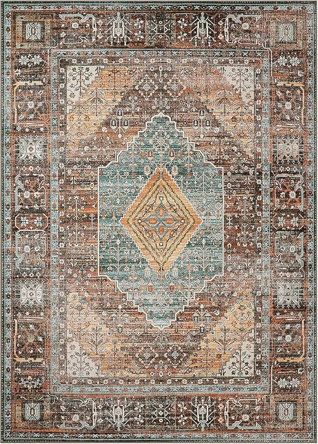 Bavni 2x3 Entryway Rug Bathroom Rugs for Front Door Bedroom Bathroom Kitchen, Washable Print Carpet, Lightweight Rug with Non Slip Backing, Vintage Brown/Blue