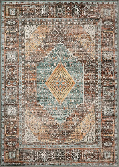 Bavni Washable Rug 4x6 Area Rug for Living Room Bedroom Dining, Washable Print Carpet, Low Pile Lightweight Rug with Non Slip Backing, Vintage Brown/Blue
