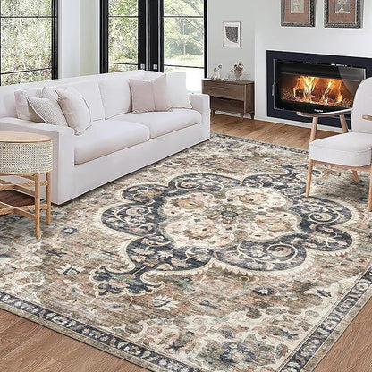 ReaLife Rugs Machine Washable Area Rug - Living Room Bedroom Bathroom Kitchen Entryway Office - Padded Low Pile Stain Resistant Premium - Boho Farmhouse Vintage - Joy - Brown Beige 7'6" x 9'6"