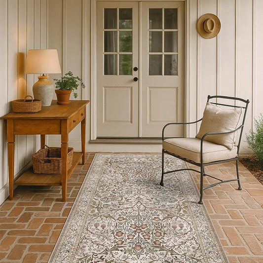 Vintage Moss Green Entryway Rug, 3x5 Washable Area Rugs for Kitchen, Bathroom, Bedroom, Boho Oriental Low Pile Stain Resistant Non-Slip Small Throw Rug