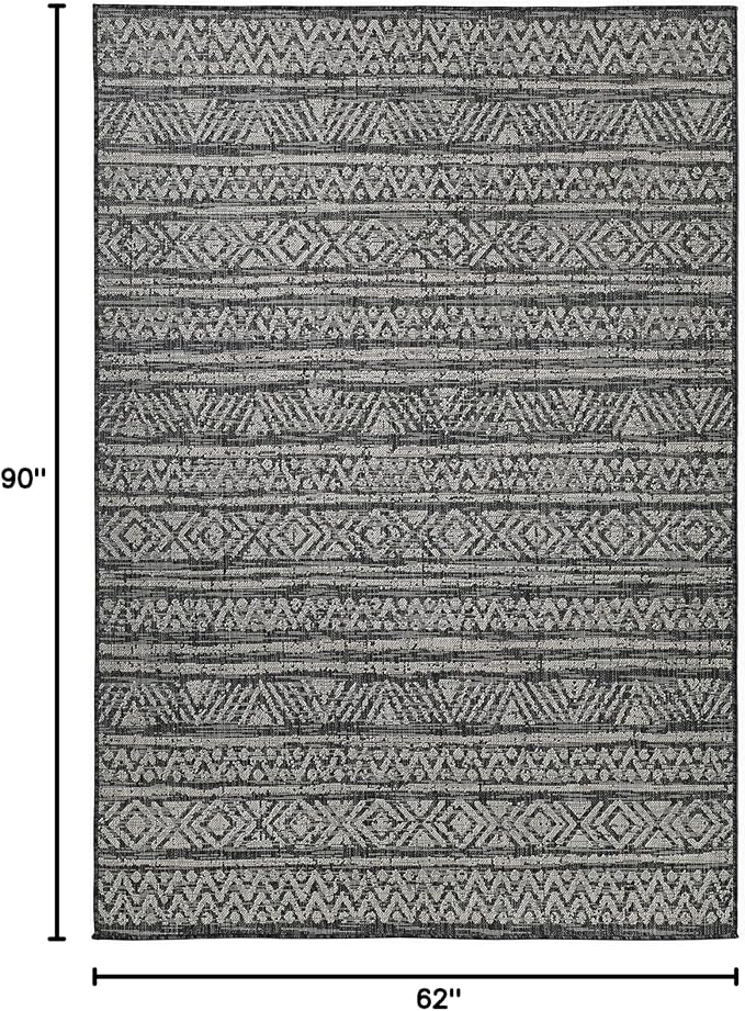 FH Home Flat Woven Outdoor Rug - Waterproof, Easy to Clean, Stain Resistant - Premium Polypropylene Yarn - Striped Boho - Patio, Porch, Deck, Balcony - Amman - Charcoal - 5ft 2in x 7ft 6in