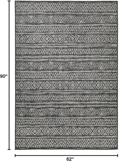 FH Home Flat Woven Outdoor Rug - Waterproof, Easy to Clean, Stain Resistant - Premium Polypropylene Yarn - Striped Boho - Patio, Porch, Deck, Balcony - Amman - Charcoal - 5ft 2in x 7ft 6in