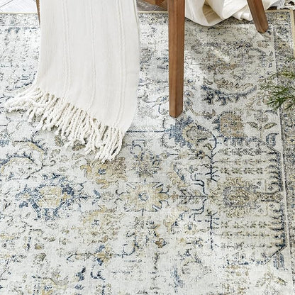 jinchan Kalen Runner Rug 3x10 Washable Hallway Rug Vintage Runner Indoor Floor Cover Thin Retro Distressed Floral Country Non Slip Carpet for Entryway Bathroom Bedroom Living Room Stairway Blue