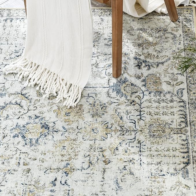jinchan Kalen Runner Rug 2x6 Washable Hallway Rug Vintage Runner Indoor Floor Cover Thin Retro Distressed Floral Country Non Slip Carpet for Entryway Bathroom Kitchen Bedroom Living Room Blue