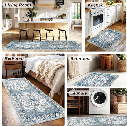 XWZO Entryway Area Rug 2x3ft — Soft Vintage Low Pile Door Floor Mat with Non Slip Backing for Bedroom Bathroom Kitchen Laundry, Spill Resistant Washable Small Indoor Carpet for Doorway Entrance, Blue
