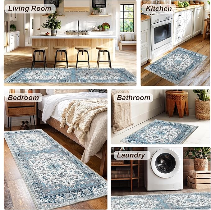 XWZO Washable Hallway Runner Rug 2x8ft — Non-Slip Low Pile Area Rug with Rubber Backing, Spill Resistant Soft Vintage Floor Carpet Runner for Kitchen Entryway Doorway Bedroom Corridor, Blue