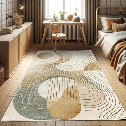 Ambesonne Modern Boho Decorative Rug, Abstract Geometry Earth Tones Swirls and Rounds Mid Century Details, Quality Carpet for Bedroom Dorm and Living Room, 2' x 5', Tan Beige Grey Teal