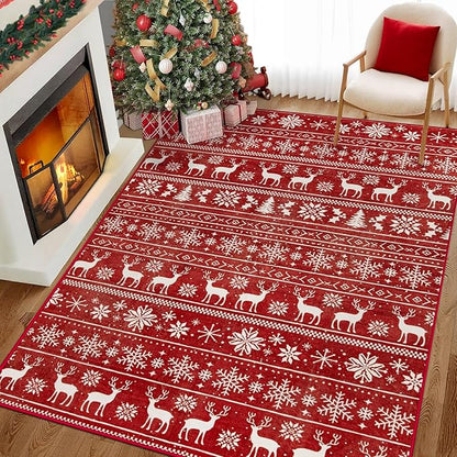 Christmas Rug 6x9 Washable Rugs, Boho Christmas Tree Snowflake Rug Non-Slip Soft Low Pile Non Shedding Indoor Holiday Decor Carpet for Living Room Bedroom Dining Room Home Office (Xmas Red, 6'x9')