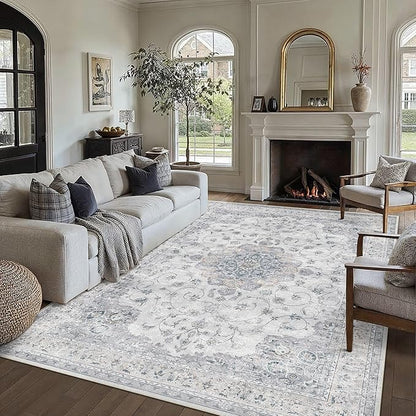 HUGEAR Machine Washable Area Rugs 8x10 Vintage Blue Large Living Room Bedroom Rug Neutral Style Non Slip Stain Resistant Low Pile Throw Carpet for Home Retro Aesthetic Modern Decor