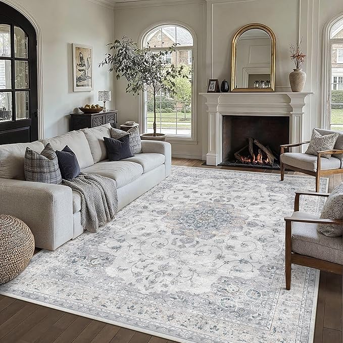 HUGEAR Machine Washable Area Rugs 10x14 Vintage Blue Large Living Room Bedroom Rug Neutral Style Non Slip Stain Resistant Low Pile Throw Carpet for Home Retro Aesthetic Modern Decor