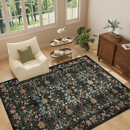 DUKINO 5x7 Area Rugs, Floral Washable Rugs for Bedroom with Non Slip Backing, Vintage Low Pile Indoor Floor Carpets for Bedroom, Living Room, Farmhouse, Home Office, Dining Room, Black