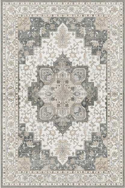 GENIMO 8x10 Area Rugs for Living Room, Machine Washable Non Slip Vintage Rugs, Low Pile Lightweight Chenille Print Rug for Bedroom, Dining Room, Home Office, Heathered Grey