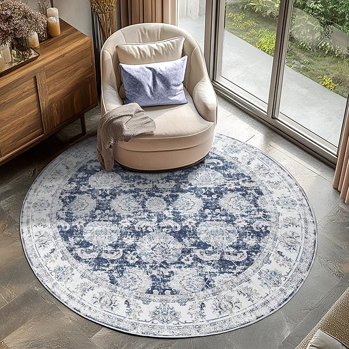 jinchan Fiora Round Rug 5ft Area Rugs Vintage Floral Distressed Design - Machine Washable Non-Slip Low-Pile Ultra-Thin Circle Rug for Entryway Bedside Living Room Bedroom (5' Round, Dark Blue)