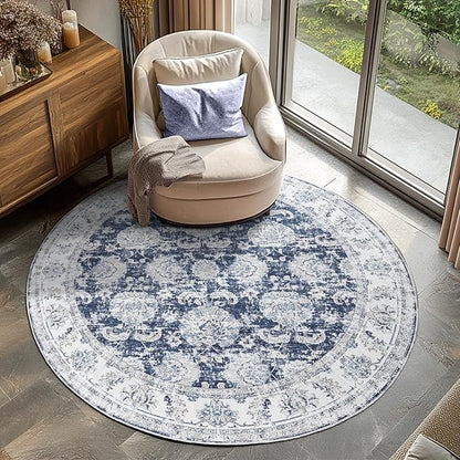 jinchan Fiora Round Rug 4ft Area Rugs Vintage Floral Distressed Design - Machine Washable Non-Slip Low-Pile Ultra-Thin Circle Rug for Entryway Bedside Living Room Bedroom (4' Round, Dark Blue)
