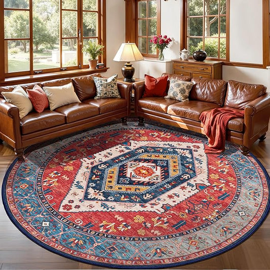 SERISSA Boho Round Area Rug, 6ft Washable Non-Slip Circle Rug, Ultra Soft Oriental Vintage Rust Low-Pile Circular Carpet for Bedroom Entryway Kids Room Office College Dorm Living Room