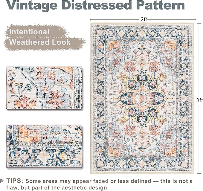 XWZO Entryway Area Rug 2x3ft — Soft Vintage Low Pile Non-Slip Door Floor Mat for Bedroom Bathroom Kitchen Laundry, Spill Resistant Washable Small Indoor Carpet for Doorway Entrance, Colorful