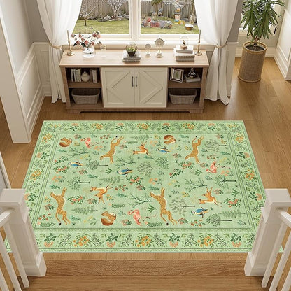 DUKINO 3x5 Rug, Washable Animal Area Rug with Non Slip Vintage Design, Indoor Soft Low Pile Carpet for Bedroom, Nursery, Dining Room, Farmhouse, Playroom, Light Green