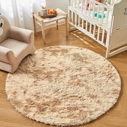 Andency Tie-Dyed Beige Round Area Rug for Living Room, 6x6 ft Shag Rug for Bedroom, Fluffy Circle Carpet for Home Decor, Room, Fuzzy Plush Circular Rug for Dorm Playroom