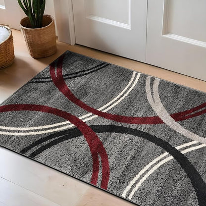 Rugshop Modern Wavy Circles Design Non-Shedding Accent Rug, Carpet for Entryway or Laundry Room, Red, 2'7" x 4'