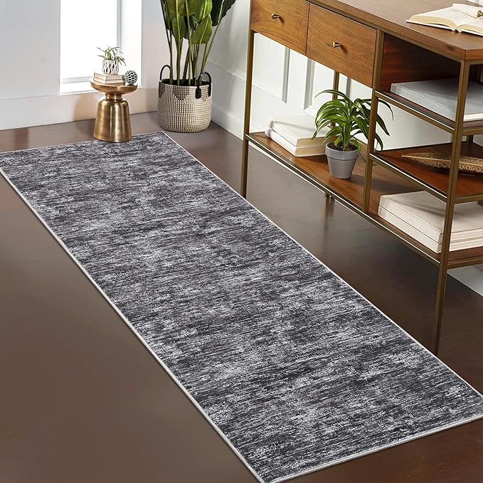 RUGSREAL Hallway Runner Rug 2.5x10 Long Kitchen Runner Rug with Rubber Backing Low Pile Stain Resistant Entryway Carpet Washable Modern Solid Color Mat for Living Room Bedroom, Dark Grey