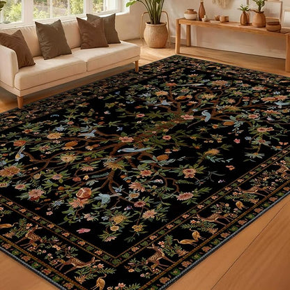 8x10 Area Rugs for Living Room, Machine Washable Non-Slip Carpet, Boho Floral Low Pile Throw Rugs for Bedroom, Dining Room, Office, Nursery, Vintage Home Decor（Black）