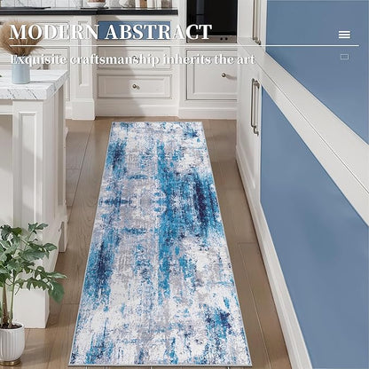 Ciicool 2x6 Washable Runner Rug, Modern Abstract Hallway Rugs Runner, Non-Slip Thin Accent Rug Lightweight Grey Blue White Print Distressed Carpet for Laundry Entryway Bedroom Kitchen Indoor