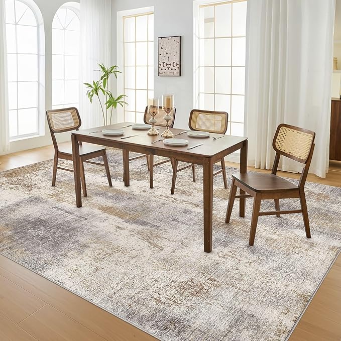 Area Rug Living Room Rugs - 10x12 Washable Large Soft Indoor Neutral Modern Abstract Low Pile Rug Carpet for Bedroom Dining Room Farmhouse Home Office - Brown Grey