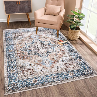 Bloom Rugs Caria Washable Non-Slip 9x12 Rug - Terracotta/Blue Traditional Area Rug for Living Room, Bedroom, Dining Room, and Kitchen - Exact Size: 9' x 12'