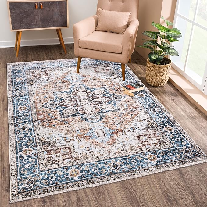 Bloom Rugs Washable Non-Slip 10x14 Rug - Terracotta/Blue Traditional Oriental Area Rug for Living Room, Bedroom, Dining Room, and Kitchen - Exact Size: 10' x 14'