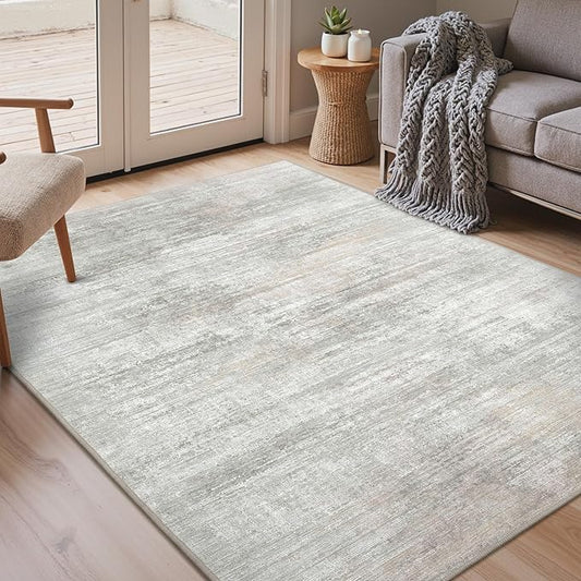 Bavni Washable Rug, Soft Abstract Rugs Non-Slip, Thin Foldable 3x5 Rug, Modern Stain Resistant Area Rug for Living Room, Kitchen, Bedroom, White/Grey