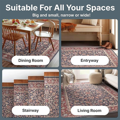 Well Woven Asha Rome Navy Blue Red 7'7" x 9'10" Area Rug - Oriental Floral Pattern, Easy Clean, Floor-Friendly Backing - for Living Room, Bedroom, and Dining Room