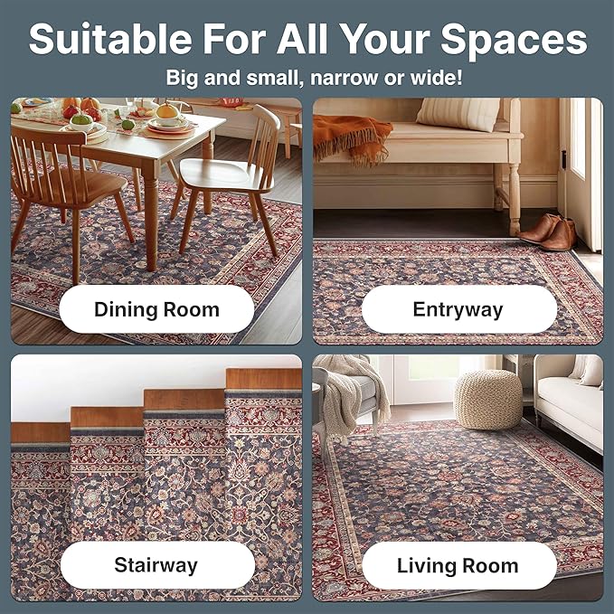 Well Woven Asha Rome Navy Blue Red 6' x 9' Area Rug - Oriental Floral Pattern, Easy Clean, Floor-Friendly Backing - for Living Room, Bedroom, and Dining Room