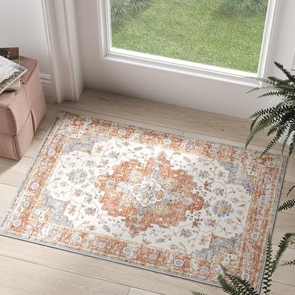 jinchan Area Rug 2x3 Vintage Entryway Rug Washable Boho Indoor Doormat Floral Medallion Small Door Mat Non Slip Retro Soft Thin Classic Carpet for Kitchen Bathroom Bedroom Brick Red
