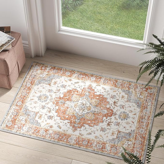 jinchan Area Rug 2x3 Vintage Entryway Rug Washable Boho Indoor Doormat Floral Medallion Small Door Mat Non Slip Retro Soft Thin Classic Carpet for Kitchen Bathroom Bedroom Brick Red
