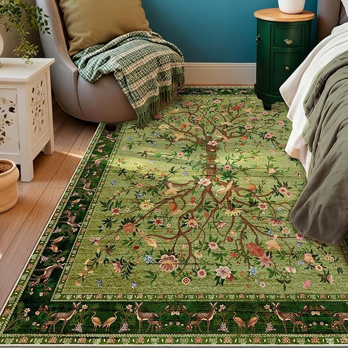 Green Area Rug 3x5 Washable, Non-Slip Small Rug Carpet, Floral Boho Low Pile Soft Throw Rugs for Entryway, Bedroom, Kids Room, Dorm, Office, Nursery, Vintage Home Decor