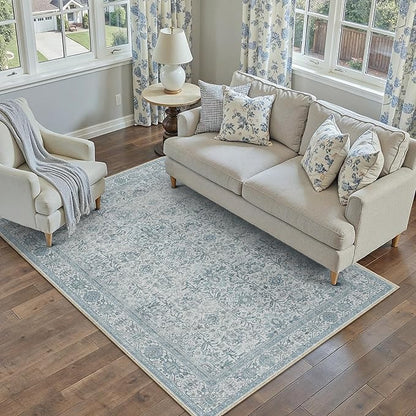 Blue Area Rug 3x5 Washable Office Entryway Carpet Soft Vintage Indoor Kitchen Living Room Door Mat Traditional Retro Distressed Thicker Throw Small Rug Bedroom Dining Room Bathroom