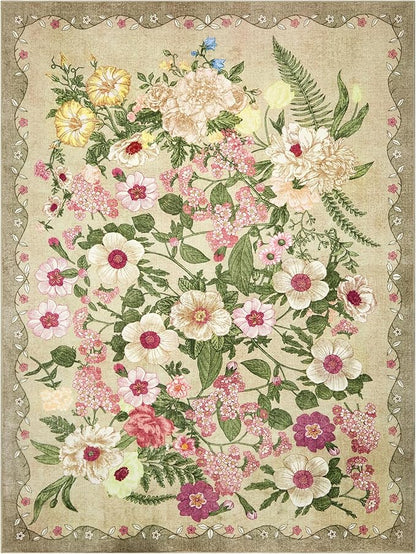 Floral Area Rug Living Room - 8x10 Washable Rugs Low Pile Non-Slip Soft Bedroom Rugs Under Bed Stain Resistant Accent Indoor Vintage Carpet for Dining Room Nursery Home Office Decor, Brown